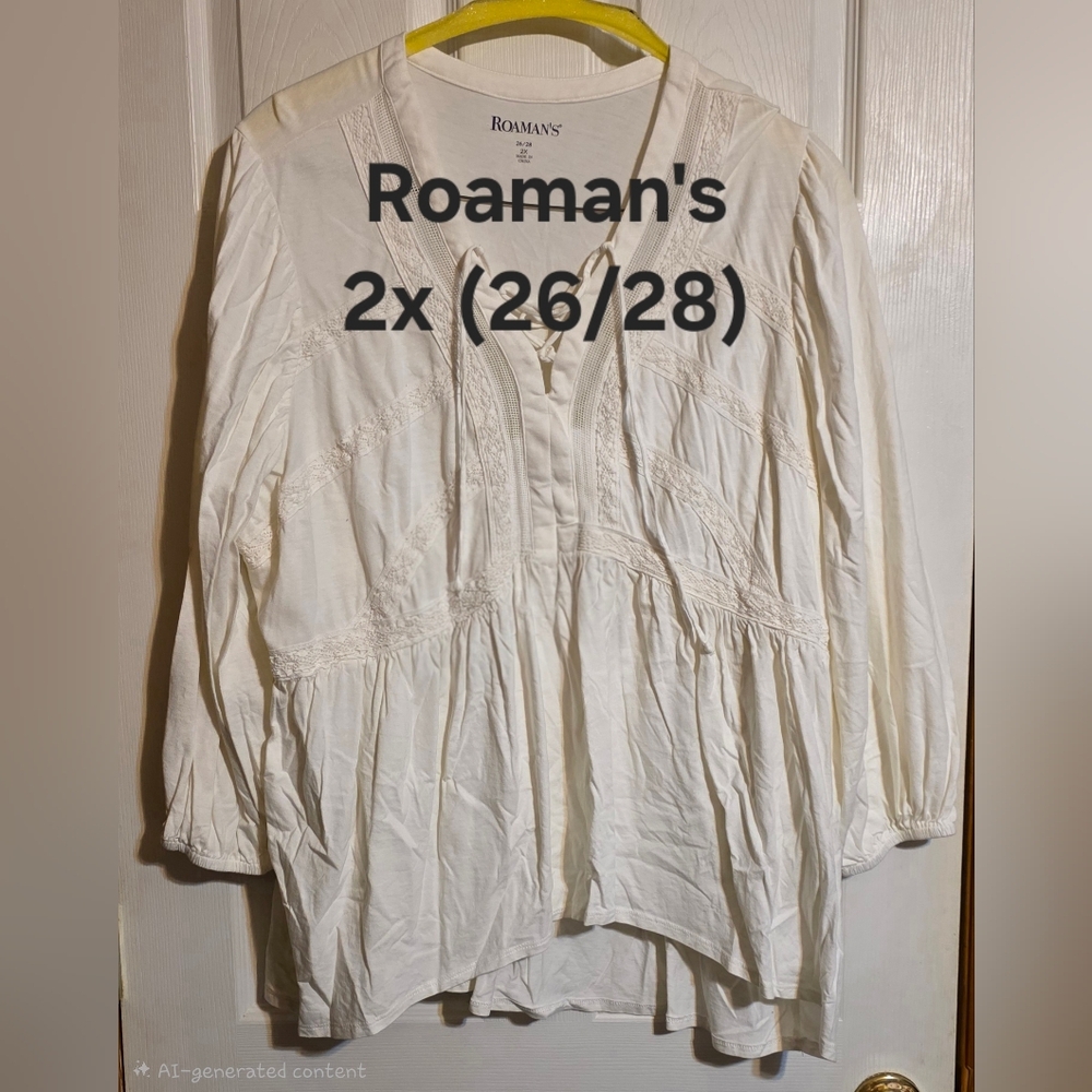 Roaman's Cream Lace-Trim Peasant Tunic Top